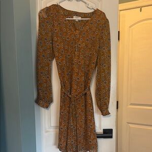 LOFT Brown and Orange V-Neck Bishop Sleeve Sundress